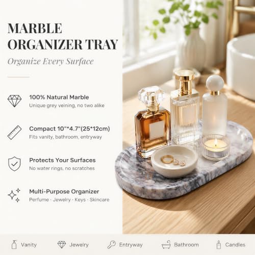 Calcatta Pink Marble Vanity Tray for Bathroom Counter, 10"x5" Decorative Tray for Perfume, Candles, Stone Jewelry Dish T