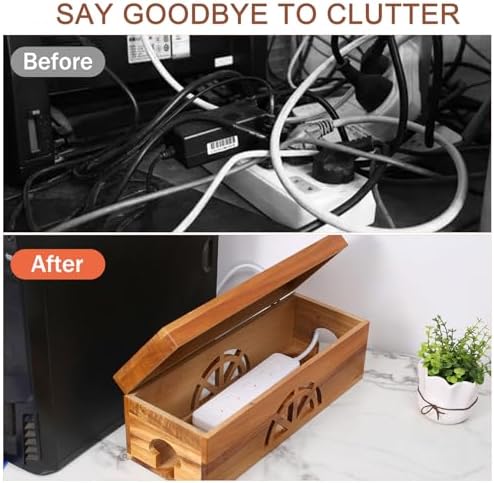 Wood Cable Management Box - 15.8" (L) x 6" (W) 5.5" (H) Acacia Wood Cable Hider Box, Cord Hider with Magnet Design & Out