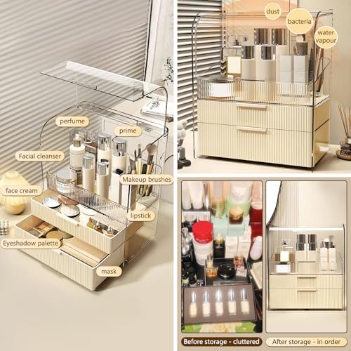DASITON Clear Dustproof Two layers Storage Box,Makeup Brush Holder,Large Capacity Desktop Storage Box with Drawer,for Be