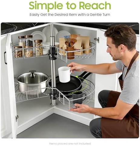 24inch Kidney Chrome, 2-Shelf Lazy Susan Kitchen Base Cabinet Corner Organizer Rack, 360° Rotating Storage Shelf Rack, A
