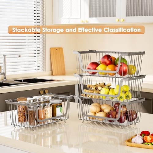 4 Pcs Stackable Wire Baskets for Pantry Organizers and Storage, Gray