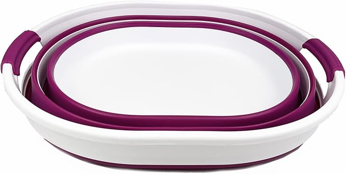 SAMMART 23L (6 Gallons) Collapsible Plastic Laundry Basket - Oval Tub/Basket - Foldable Storage Container/Organizer - Portable Washing Tub - Space Saving Laundry Hamper (White/Purple)