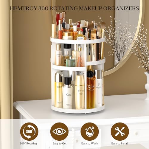 Makeup Organizer 360 rotating, Adjustable Skincare Organizers with Brush Holder, Cosmetics Display Cases for Vanity Bath