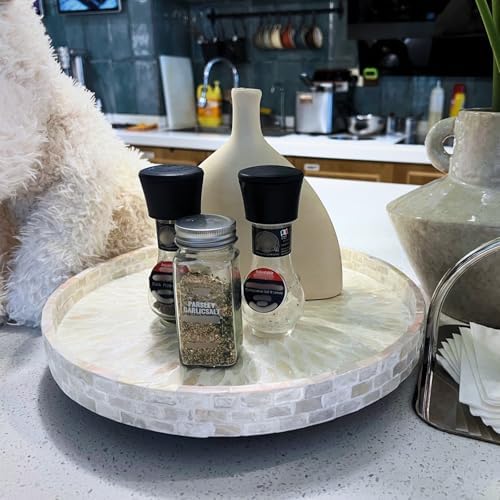 12.5" Lazy Susan for Table Top – Mother of Pearl Spinning Turntable Serving Tray, Marble Lazy Susan Organizer for Dining