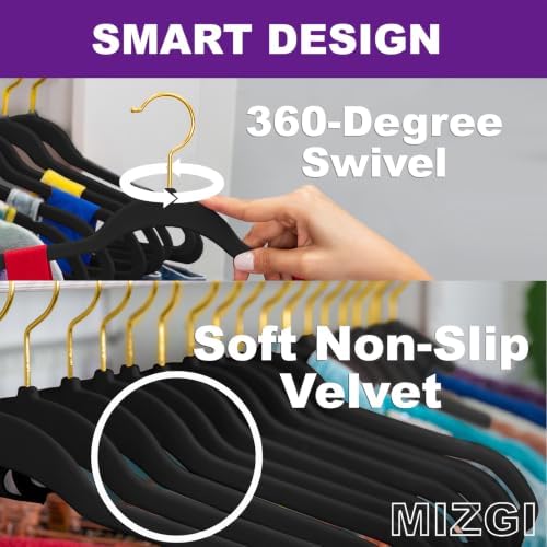 MIZGI Black Velvet Hangers 100 Pack,Premium Gold Clothes Hangers Non-Slip Felt Hangers,Sturdy Black Hangers Heavy Duty Coat Hangers,Durable Suit Hangers Space Saving, No Flocked Hanger Marks