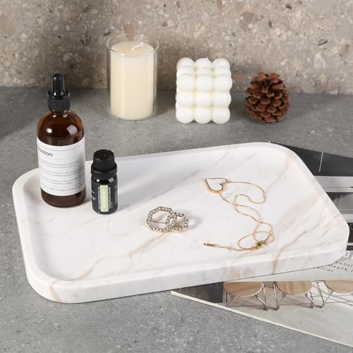 Karibiber Marble Vanity Tray, Marble Bathroom Tray Countertop, Decorative Trays for Dresser Organizer, White Stone Stora