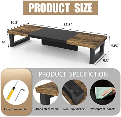 WESTREE Dual Monitor Stand Riser, Wood and Steel Multi-Purpose Desktop Storage Stand for 2 Monitors for Computer, Laptop
