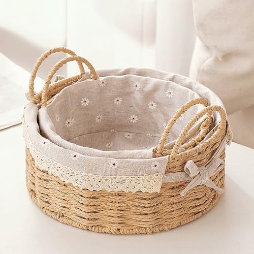 GIB Small Round Wicker Storage Baskets for Organizing with Handle and Liner