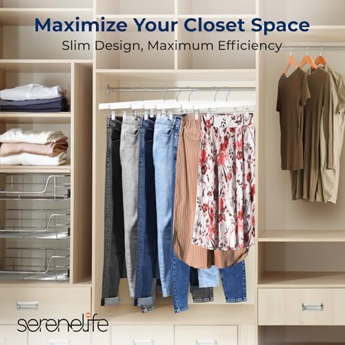 SereneLife Premium Wooden Pants Hangers 10 Pack, Solid 14" Wood Skirt Hangers with 2-Adjustable Clips, Heavy Duty & Anti Slip Wood Bottom Hanger for Slacks, Jeans, Trousers, Shorts (White)
