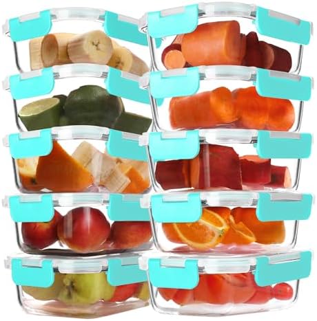 BAYZZ 10 Pack 22 oz Glass Meal Prep Containers, Glass Food Storage Containers with Airtight Lids, BPA-Free, Freezer and Microwave Safe, Green