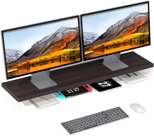 Dual Monitor Stand Riser, 40" Large Computer Monitor Stands for 2 Monitors, Wooden Desktop Organizer Shelf for Office De