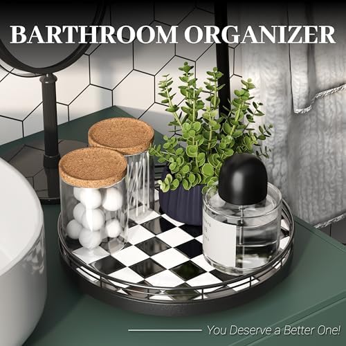 10.2-Inch Black and White Checkerboard Lazy Susan with Oak Base