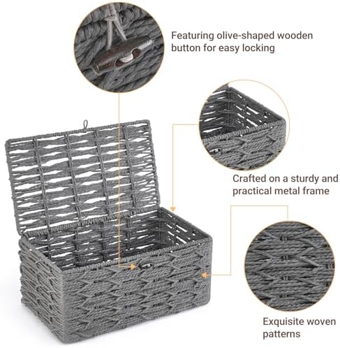 Mkono Storage Basket with Lid, Decorative Bins for Organize, Set of 2 Grey