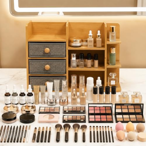 Large Makeup Organizer For Vanity, Large Capacity 3 Tiers Bamboo Bathroom Counter Organizers and Storage, Countertop Mak