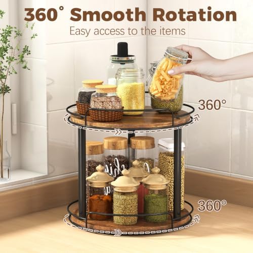 LAMU 12'' Wood Lazy Susan Turntable Organizer for Cabinet, 2 Tier Lazy Susan Spice Rack Organizer for Kitchen, Table Top