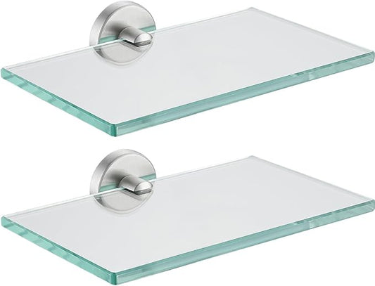 JQK Bathroom Glass Shelf, Tempered Glass Shower Storage 8 by 5 inches, 304 Stainless Steel Brushed Finish Wall Mount 2 Pack, TGS101L8-BN-P2