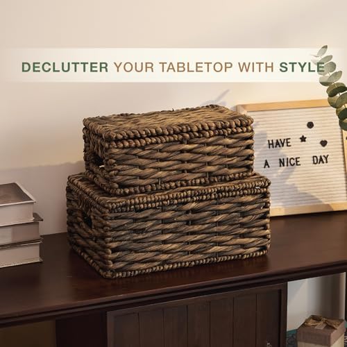 Set of 2 Black Wicker Baskets with Lid