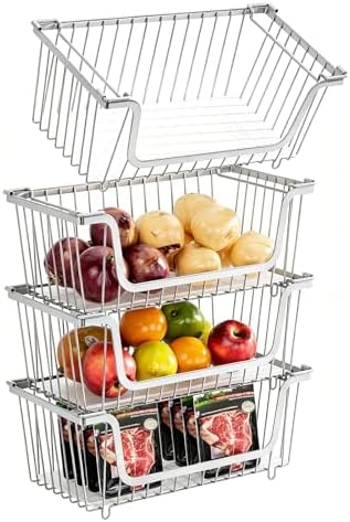 4 Pcs Stackable Wire Baskets for Pantry Organizers and Storage,silver