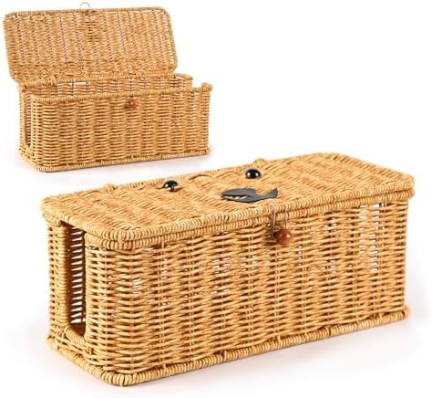 Cord hider box,Imitation rattan cable management organizer storage box with lid 2 open slots extension cord keeper charg