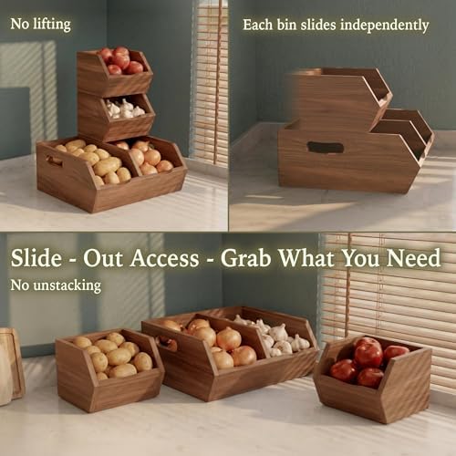 Acacia Pantry Storage Bins Set of 3, Stackable Potato Onion Wood Baskets
