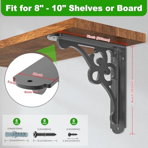 BeneLabel 2 Pack Heavy Duty Shelf Brackets 8 Inch Wall Mount Shelving Bracket 500LBS Vintage Decorative L-Shaped Shelf B