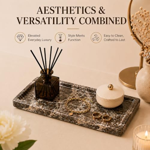 Brown Marble Vanity Tray, Small Genuine Stone Decorative Tray for Bathroom Counter, Perfume, Cologne, Jewelry, Candle, C
