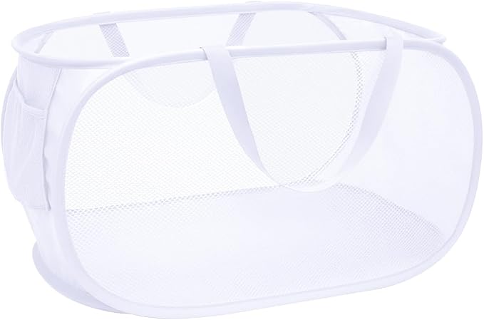 Pop Up Laundry Hamper,Collapsible Horizontal Baskets with Handles & Side Pocket,Foldable Sturdy mesh for Laundry Room,Bathroom,Kids Room,College Dorm or Travel (White)