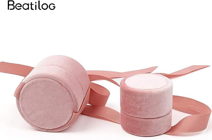 Velvet Ring Box - Gorgeous Round Wedding Ring Box with Elegant Ribbon Bow Vintage Jewelry Holder Gift Organizer for Proposal, Engagement, Ceremony, Photography (Pink Small)