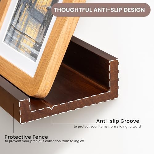 Acovy Floating Shelves for Wall, 16 inch Solid Wood Picture Ledge Shelf, Picture Shelf for Wall with Ledge, Floating Book Shelves for Living Room Bedroom Kitchen Nursery Decor, Walnut, Set of 2