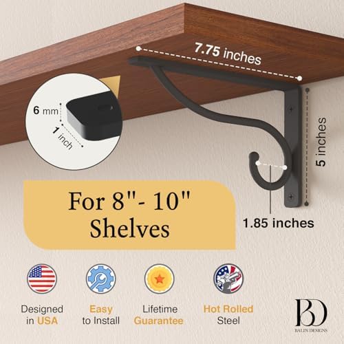 Closet Rod Bracket, 8 Inch Hook Shelf Brackets Heavy Duty Wall Mounted, Black Closet Rod Support Brackets for Curtains, 