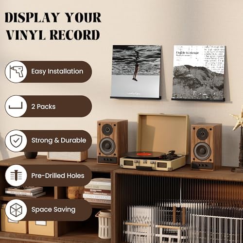 RICHFOCUS Vinyl Wall Mount, 2 Pack Solid Wood Record Shelf, Album Record Holder Display, 12 inch Floating Shelves for Wa
