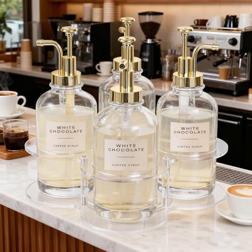 IEEK Rotating Coffee Syrup Organizer,Syrup Bottle Holder for Syrup Dispenser 16.9oz,Clear Acrylic Coffee Syrup Rack for 