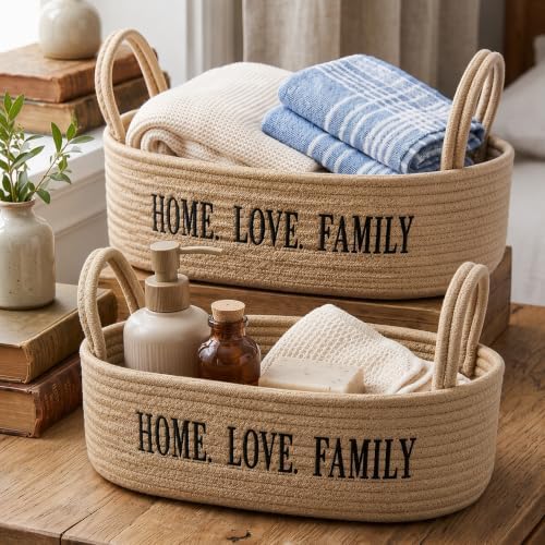 2 Pack Cotton Rope Storage Baskets, Toilet Tank Basket with Handles, "HOME. LOVE. FAMILY" Embroidered Bathroom Organizer