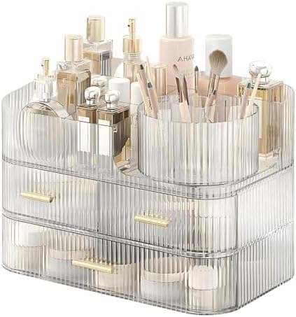 DASITON Makeup Organizer with Drawers and Rotating Makeup Brush Holder,Large Capacity Stackable Cosmetic Organizer Count