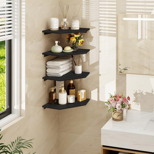 Homode Corner Floating Shelves, Corner Shelves Wall Mounted with Cord Hole, 4 Tier Diamond Shape Corner Hanging Shelving