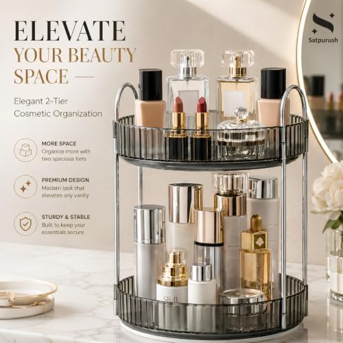 360° Rotating Makeup Organizer, 2 Tier Spinning Cosmetic Organizer for Vanity & Bathroom Countertop, Holds Tall Skincare