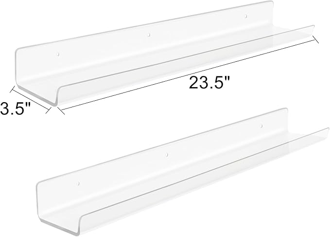 ROYALITA 2-Pack Acrylic Shelves Wall Mounted, 24 Inch Floating Shelves | for Small Items Plants Organize Wall Shelves for Gaming Room, Bedroom, Living Room, Office, Clear