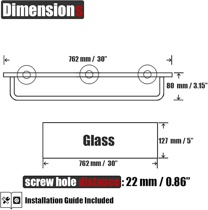 JQK Bathroom Glass Shelf, Shelf with 29 Inch Towel Bar Tempered Glass Shower Storage 30 by 5 inches, 304 Stainless Steel Brushed Finish Wall Mount, TGS100L30-BN