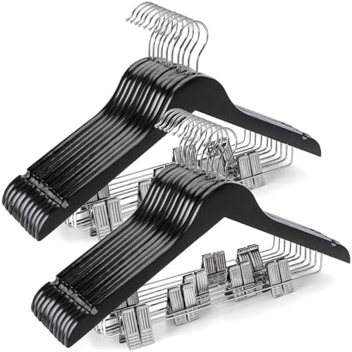 TOPIA HANGER Wooden Suit Hangers with Adjustable Metal Clips (20 Pack), Solid Wood Coat Hangers, 360° Swivel Hook, Premium Clothes Hangers for Jacket, Pant, Jeans, Blouse-Black, CT28B20
