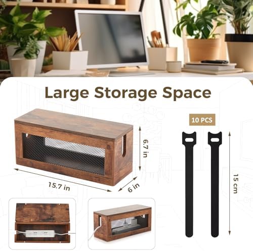 Chunful Extra Large Cable Management Box, 16'' Wood Cord Box Organizer with Ventilation Nets & Organizer for Power Strip