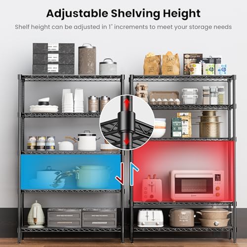 45" W Storage Shelves 5 Tier Wire Shelving, Adjustable Metal Shelving Unit with Shelf Liners, 1875LBS Heavy Duty Storage