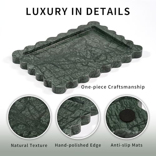 Scalloped Green Marble Tray - Large Home Decorative Stone Vanity Perfume Candle Plates for Bathroom Accessories Coffee T