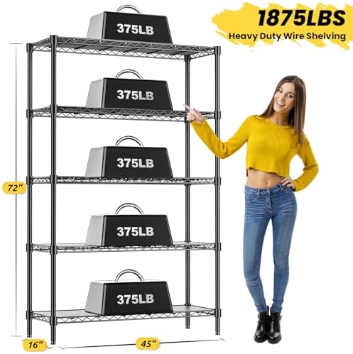 45" W Storage Shelves 5 Tier Wire Shelving, Adjustable Metal Shelving Unit with Shelf Liners, 1875LBS Heavy Duty Storage