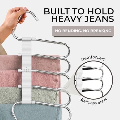 MORALVE Pants Hangers Space Saving - 2 Pack - Non-Slip Multi-Layer Space Saving Hangers - Multifunctional Clothing Rack for Closet Storage - Ideal for Jeans, Trousers, Skirts, Scarves & Slacks (White)