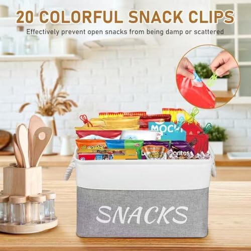 Snack Organizer for Pantry, Decorative Snack Basket with 10pcs Chip Clips, Snack Organizer for Desktop, Collapsible Shel
