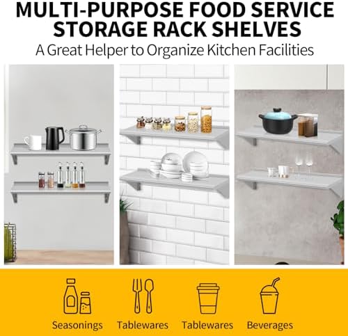 8.6" D x 30" W Stainless Steel Wall Mounted Shelves, 2 Packs Floating Shelving with Brackets, Commercial Shelf Perfect f