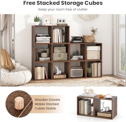 GIANTEX 4 Cube Bookshelf Organizer, 2-Tier Stackable Cube Storage Organizer, Small Wooden Open Book Shelf with Anti-topp