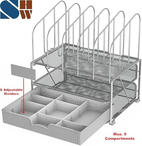 Deco Brothers Mesh Desk Organizer with Double Tray, 5 Upright Section, Gray