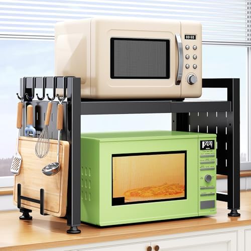Expandable Microwave Stand Countertop, 2-Tier Adjustable Microwave Oven Rack with 8 Hooks & 2 Holders, Heavy Duty Carbon