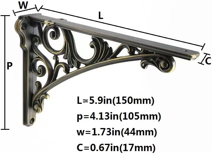 Decorative Shelf Bracket 6 inch, Brushed Antique Brass Brackets for Shelving, Heavy Duty Vintage, DIY Projects, Hardware